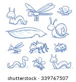 Set of cute little cartoon insects and small animals: Bugs, bee, worm, caterpillar, butterfly, spider, snail, dragonfly and leaf. For children or baby shower cards. Hand drawn vector illustration.