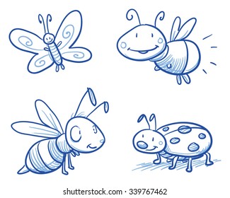 Set of cute little cartoon insects: lady bug, bee, butterfly and firefly. For children or baby shower cards. Hand drawn vector illustration.