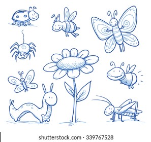 Conjunto de pequenos insetos de desenhos animados bonitos e pequenos animais: insetos, abelha, lagarta, borboleta, vaga-lume, aranha, gafanhoto e flor. Para crianças ou cartões de chá de bebê. Ilustração vetorial desenhada à mão.