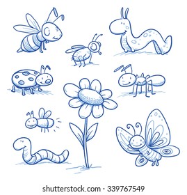 Set of cute little cartoon insects and small animals: Bugs, bee, worm, caterpillar, butterfly, ant and flower. For children or baby shower cards. Hand drawn vector illustration.