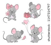 Set of cute little cartoon mice. Vector watercolor mouse collection.