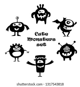 Set of cute little cartoon monsters with different shapes. Black and white illustration.