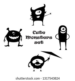 Set of cute little cartoon monsters with different shapes. Black and white illustration.