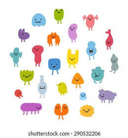 Set of cute little cartoon monsters with different shapes, colors and facial expressions.