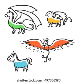 Set of cute little cartoon mythical beasts. Dragon, griffin, unicorn and phoenix. Vector illustration isolated on white