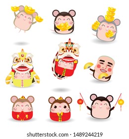 Set of cute little cartoon rats, Happy Chinese new year 2020 of the rat zodiac isolated on white background Vector illustration