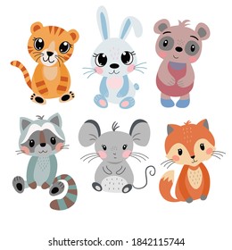 Set of cute little cartoon tiger, rabbit, mouse, panda in vector graphics on awhite background. For wallpaper design, notebook covers, t-shirts, prints for textiles, wrapping paper, mugs.