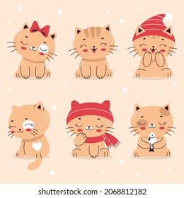 Set of Cute little cats in cartoon flat style. Home pet, kitten. Vector illustration for nursery, print on textiles, cards, clothes.