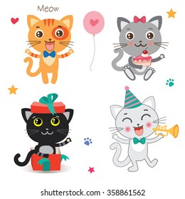 Set Of Cute Little Cats Cartoon Animal Vector Collection On A White Background. Beautiful Birthday Celebration Cat Set. 