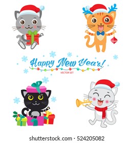 Set Of Cute Little Cats Cartoon Vector Collection. Christmas Kittens Vector. Cat In Christmas Costumes. Design For New Year Holiday Theme.