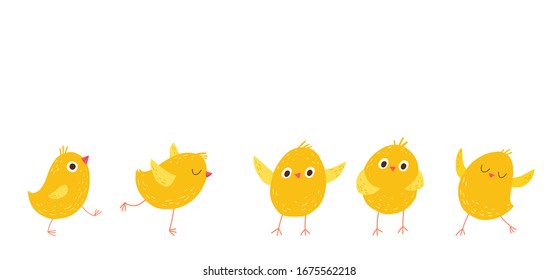 Set of cute little chickens. Cartoon vector hand drawn eps 10 illustration isolated on dark background in a flat style