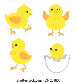 Set of cute little chickens in different poses. Hand drawn yellow chicks isolated on white. Vector illustration.