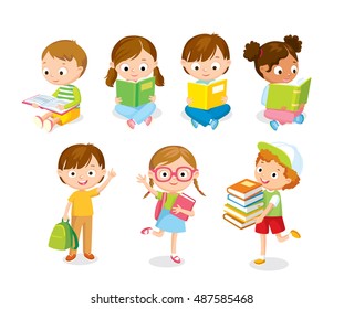 Set of cute little children kids girls and boys sitting on the floor and reading books. Boy hold pile of books. Girl with book  waving hand.