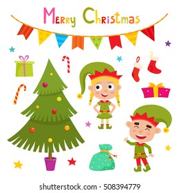 Set of cute little Christmas boy and girl elf smiling, christmas tree, socks, gifts, vector illustration isolated on white used for magazine or book, poster and card, web pages.