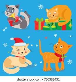 Set Of Cute Little Christmas Cats Cartoon Vector Collection. Cat In Christmas Costumes And Gifts. Design For New Year Holiday Theme.