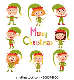 Set of cute little Christmas girls and boys elf smiling, vector illustration isolated on white used for magazine or book, poster and card, web pages.