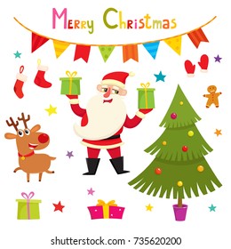 Set of cute little Christmas Santa and deer smiling, christmas tree, socks, gifts, vector illustration isolated on white used for magazine or book, poster and card, web pages.