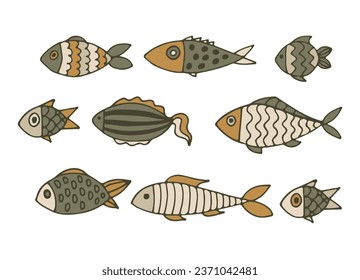 set of cute little colored fish for design items for children isolated on a white background. Beautiful fish for banners, wallpapers, textiles, books, cards, toys for children. flat design. vector