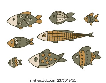 set of cute little colored fish for design items for children isolated on a white background. Beautiful fish for banners, wallpapers, textiles, books, cards, toys for children. flat design. vector