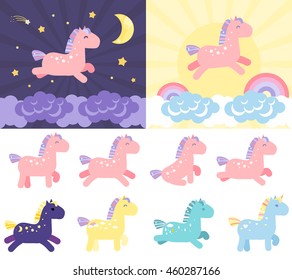 set of cute little colored horses, unicorn.