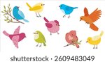 Set of cute little colorful cheerful flying birds. Cartoon bird in fly motion isolated on white background, happy garden movement little birdie vector illustrations