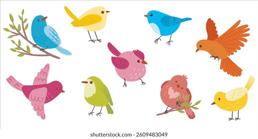 Set of cute little colorful cheerful flying birds. Cartoon bird in fly motion isolated on white background, happy garden movement little birdie vector illustrations