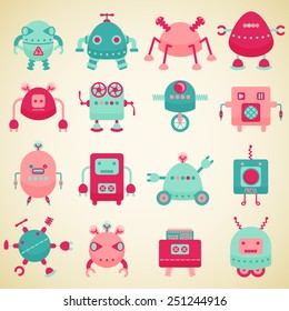 set of cute little colorful robots