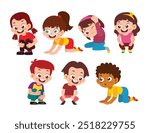 Set of cute little crouching kids cartoon characters with various gesture, Preschool boys and girls squatting and crawling, crouching protecting head with hand. Flat vector illustration.