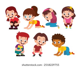 Conjunto de lindos personajes de dibujos animados de niños pequeños agazapados con varios gestos, niños y niñas preescolares en cuclillas y gateando, agazapados protegiendo la cabeza con la mano. Ilustración vectorial plana.