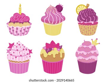 Set of cute little cupcakes with cream and berries. Delicious desert with different decor. Pink and purple sprinkles muffins collection. Vector illustration on white background.