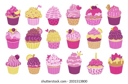 Set of cute little cupcakes with cream and berries. Delicious dessert with different decor. Pink and purple sprinkles muffins collection. Vector illustration on white background.