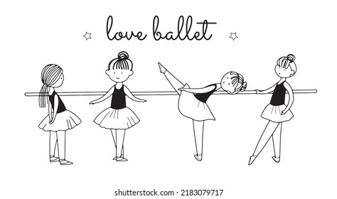 Set of cute little dancing ballerina characters in ballet skirts. Simple linear vector graphic illustration isolated on white. Ideal for girlish design, t-shirt
