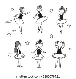 Set of cute little dancing ballerina characters in ballet skirts. Simple linear vector graphic illustration isolated on white. Ideal for girlish design, t-shirt