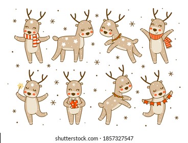 Set of cute little deers isolated on white background - cartoon characters for funny Christmas and New Year winter greeting card and poster design