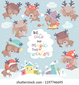 Set with cute little deers on winter background