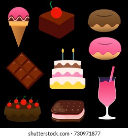 set of cute little desserts cake tasty delicious sweet on black background