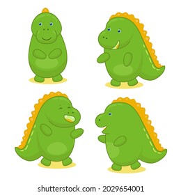 Set with a cute little dino isolated on white background. Funny dinosaur illustrations.