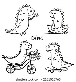 Set of cute little dinosaur isolated on white. Vector illustration. Perfect for print, coloring book, greeting card.