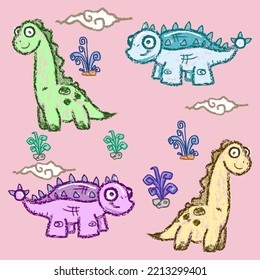 Set cute little dinosaur. Vector illustration for coloring cartoon images. Image of kid's colorful dino isolated on white. Baby monster reptiles for printing, books, posters, coloring banners.