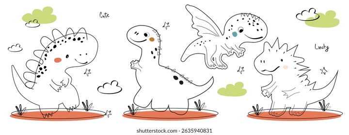 Set of cute little Dinosaurs. Children's card with cute dinosaurs in line style. Dino baby illustration in naive style for coloring book