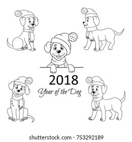 Set of cute little dog with Christmas hat. Happy New Year 2018. Happy cartoon puppy, Dog friend. Vector outline illustration isolated on white background. 