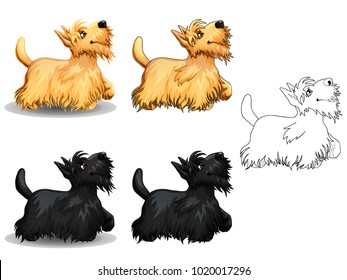 The set of cute little dogs of a Scottish Terrier, yellow and black colors. The variants of colorful and contour line art. A cartoon vector illustration isolated on white.