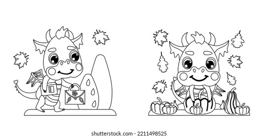 Set cute little dragons  goes to school   harvest pumpkin for Halloween  Vector illustrations in linear style for designs  prints  greeting cards  coloring books    patterns  the symbol 2024