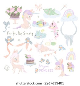 Set of Cute Little Dragons, Magic Unicorns and Flowers on White Background