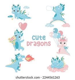 Set of cute little dragons on white background for kids fashion artworks, children books, birthday invitations, greeting cards, posters. Fantasy cartoon vector illustration. Vector file. 