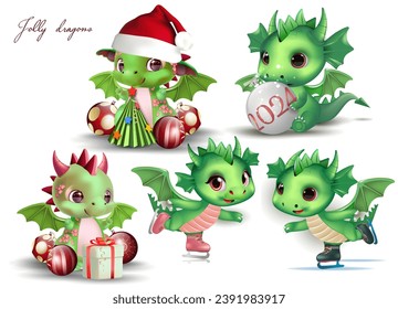 Set of cute little dragons. Symbol of 2024