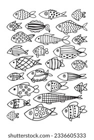 set of cute little fish for design items for children isolated on a white background. Beautiful fish for banners, wallpapers, textiles, books, cards, toys for children. flat design. vector