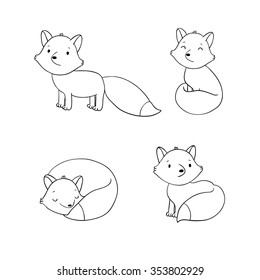 Set of cute little fox.  Hand drawing isolated objects on white background. Vector illustration.