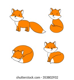 Set of cute little fox.  Hand drawing isolated objects on white background. Vector illustration.