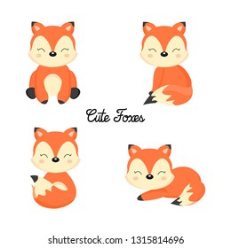 Set of Cute little foxes in cartoon style.